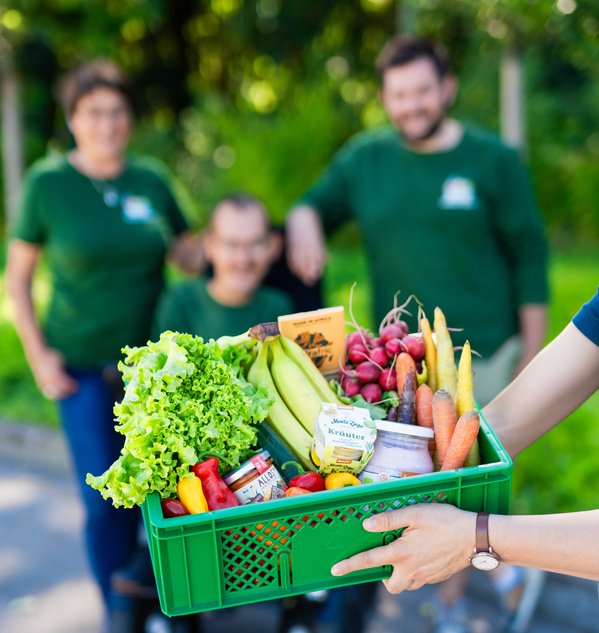 KI generiert: Eine Person hält eine grüne Kiste mit frischem Obst und Gemüse.