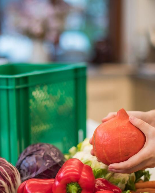 KI generiert: Eine Hand hält einen Kürbis vor Gemüse und einer grünen Kiste.