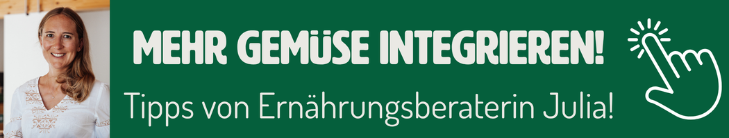 KI-generierte Beschreibung: Das Bild zeigt eine Ernährungsberaterin mit dem Text: "Mehr Gemüse integrieren! Tipps von Ernährungsberaterin Julia!"