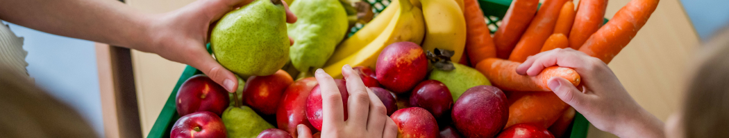 KI generiert: Ein Korb mit frischen Früchten und Gemüse wie Birnen, Äpfel, Bananen und Karotten, umgeben von Händen.