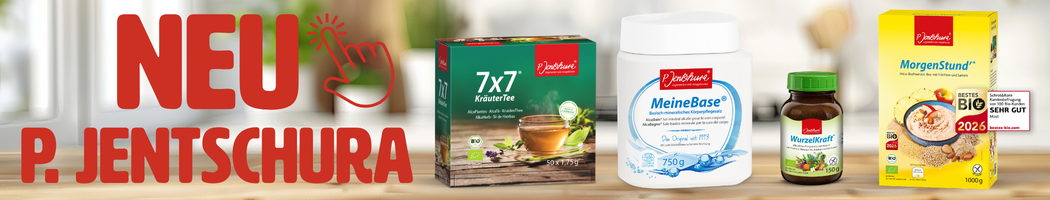 KI generiert: Produkteinführung von P. Jentschura mit Tee, Basenbad, Nahrungsergänzungsmittel und Müsli. Text: "NEU P. JENTSCHURA".
