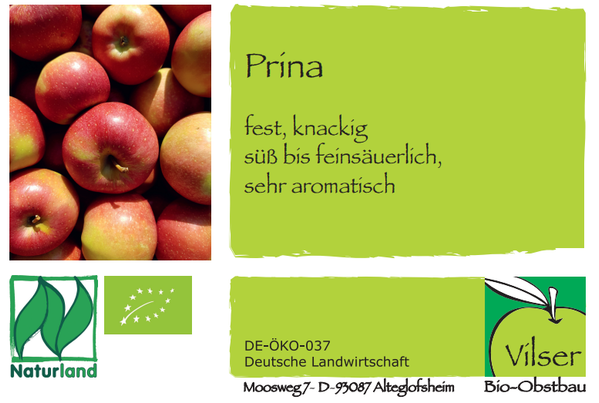 KI generiert: Bild von Äpfeln und Text: "Prí­na, fest, knackig, süß bis feinsäuerlich, sehr aromatisch." Bio-Obstbau Vilser.