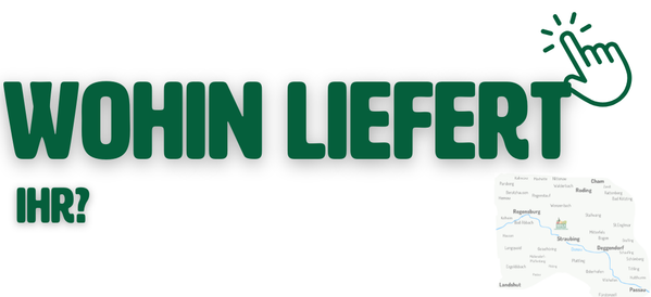 KI generiert: Das Bild enthält den Text "Wohin liefert Ihr?" in großen Buchstaben und zeigt ein Symbol einer Hand mit einem Finger, der auf etwas klickt. Unten rechts ist eine stilisierte Karte von Bayern mit Ortsnamen zu sehen.
