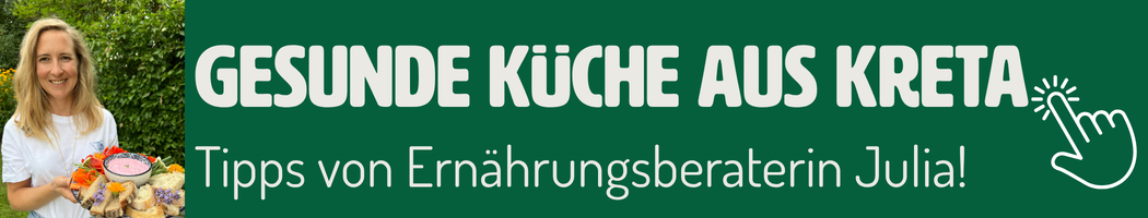 KI generiert: Frau mit Essen, Text: "GESUNDE KÜCHE AUS KRETA. Tipps von Ernährungsberaterin Julia!"