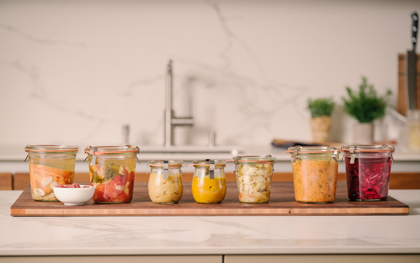 KI generiert: Verschiedene Einmachgläser mit fermentiertem Gemüse auf einem Holzbrett in einer Küche.