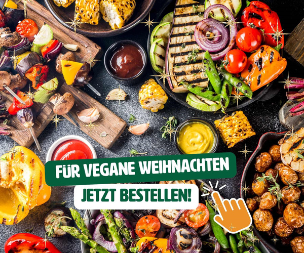 KI generiert: Buntes veganes BBQ mit Gemüse und Saucen. Text: "Für vegane Weihnachten jetzt bestellen!"