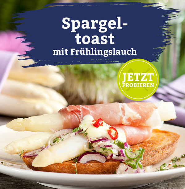 KI generiert: Ein Spargeltoast mit Frühlingslauch auf einem Teller. Text: "Spargeltoast mit Frühlingslauch. JETZT PROBIEREN".