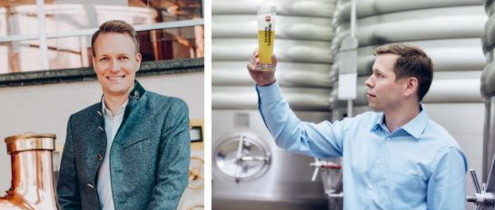 KI generiert: Zwei Bilder: Links ein Mann in traditioneller Kleidung, rechts hält ein Mann in einer Brauerei ein Glas hoch.