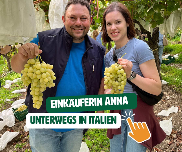 KI generiert: Zwei Personen halten Trauben in einem Weinberg. Text: "Einkäuferin Anna unterwegs in Italien".