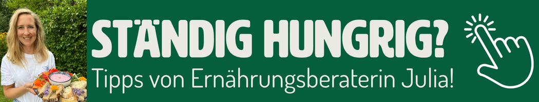 KI generiert: Ernährungsberaterin mit Obstteller; Text: "STÄNDIG HUNGRIG? Tipps von Ernährungsberaterin Julia!"