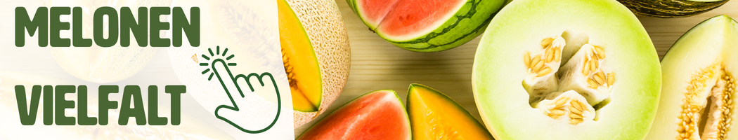 KI generiert: Ein Sortiment an Melonen. Text: "MELONEN VIELFALT".