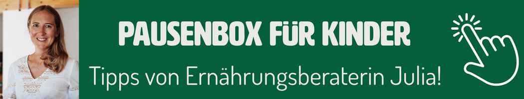 KI generiert: Frau lächelt, daneben Text: "PAUSENBOX FÜR KINDER. Tipps von Ernährungsberaterin Julia!"