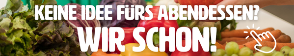 KI generiert: Frisches Gemüse mit dem Text: "KEINE IDEE FÜRS ABENDESSEN? WIR SCHON!"