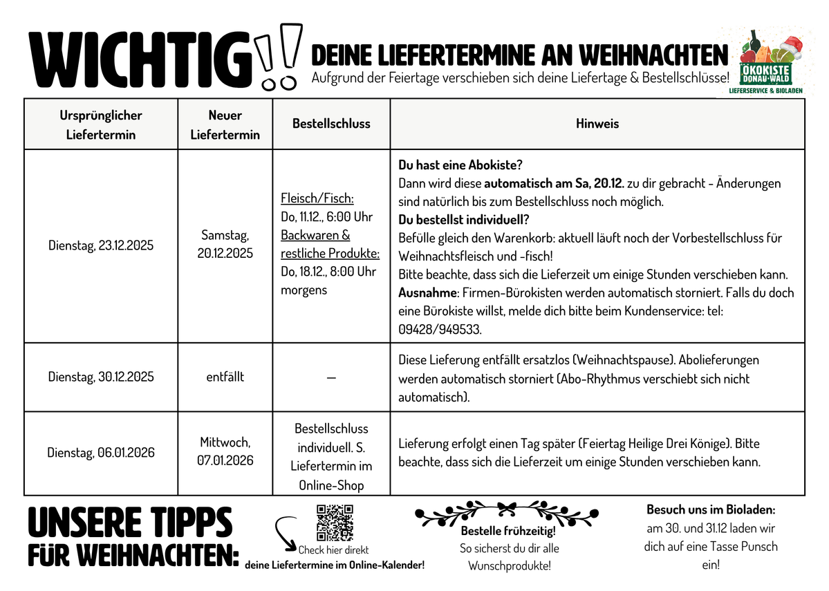 Kiste vom Dienstag, 23. Dezember wird vorgezogen auf Samstag, 20.12.Die Lieferung wird auf Samstag, 20.12. vorgezogen. Bitte beachte, dass sich die Lieferzeit um ein paar Stunden verschieben kann. Die Bestellschlüsse für diese Lieferung lauten:Fleisch/Fisch: Donnerstag, 11.12, 6 Uhr morgensBackwaren und restliche Produkte: Donnerstag, 18.12., 8 Uhr morgens  Kiste vom Dienstag, 30. Dezember 2025 entfälltDiese Lieferung entfällt ersatzlos. Aufgrund der Weihnachtspause des Lieferservices sind zwischen Weihnachten und Neujahr keine Lieferungen möglich, etwaige Abolieferungen werden automatisch storniert. Der Abo-Rhythmus verschiebt sich dadurch nicht automatisch, bitte bei 14tägigen Abokisten und Dauerartikeln beachten. Besuch uns am 30. oder 31.12. doch im Bioladen auf eine gratis Tasse Punsch!  Kiste vom Dienstag, 06. Januar 2026 wird einen Tag später geliefert.Aufgrund des Feiertags am 06. Januar wird deine Ökokiste am Mittwoch, 07. Januar geliefert. Dadurch kann sich der Lieferzeitpunkt um ein paar Stunden nach vorne oder hinten verschieben. Die Bestellschlüsse für diese Lieferung lauten:Fleisch: Montag, 05.01., 6 Uhr morgensBackwaren: Montag, 05.01., 6 Uhr morgensRestliche Produkte: Mittwoch, 07.01., 6 Uhr morgens  Vielen Dank für dein Verständnis! Falls du Fragen hast, melde dich gerne bei unserem Kundenservice: 09428/949533 oder info@oekokiste-donauwald.de