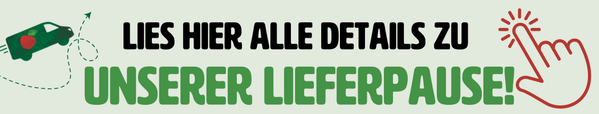 KI generiert: Ein Hinweis zu einer Lieferpause mit einem Auto und Klick-Symbol. Text: "LIES HIER ALLE DETAILS ZU UNSERER LIEFERPAUSE!"