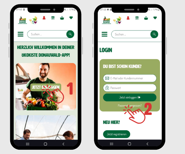 KI generiert: Zwei Smartphone-Screens zeigen eine Login-Seite der Ökokiste Donauwald-App.