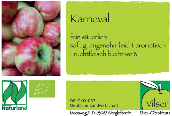 KI generiert: Äpfel mit Text über die Sorte "Karneval", deren Eigenschaften und Herkunft.