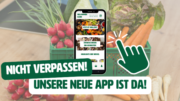 KI generiert: Ein Smartphone zeigt eine App vor Gemüse. Text: "NICHT VERPASSEN! UNSERE NEUE APP IST DA!"