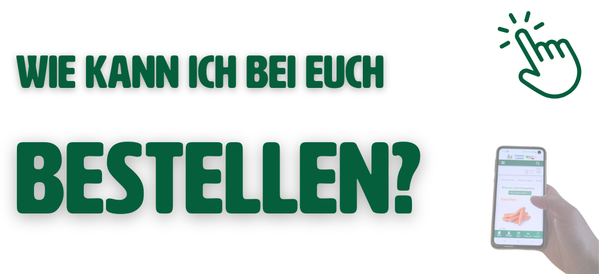 KI generiert: Das Bild zeigt eine Anleitung zur Bestellung mit einem Smartphone und einem Finger, der auf ein Handy-Menü zeigt. Der Text darauf fragt: "WIE KANN ICH BEI EUCH BESTELLEN?"