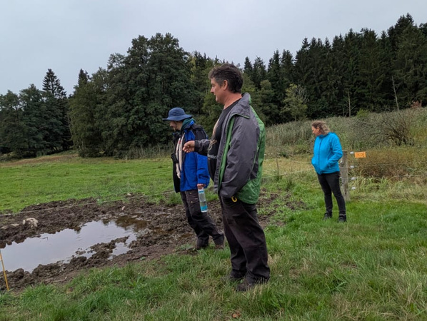 KI generiert: Drei Personen stehen auf einer Wiese am Rand einer Pfütze, umringt von Bäumen.