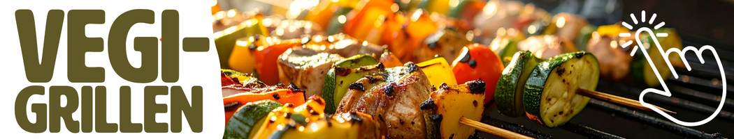 KI generiert: Gemüsespieße auf einem Grill. Text: "VEGI-GRILLEN"