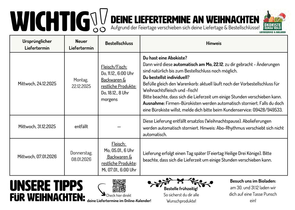 Kiste vom Mittwoch, 24. Dezember wird vorgezogen auf Montag, 22.12.Die Lieferung wird auf Montag. 22.12. vorgezogen. Bitte beachte, dass sich die Lieferzeit um ein paar Stunden verschieben kann. Die Bestellschlüsse für diese Lieferung lauten:Fleisch/Fisch: Donnerstag, 11.12, 6 Uhr morgensBackwaren und restliche Produkte: Montag, 22.12., 6 Uhr morgens  Kiste vom Mittwoch, 01.01.2026 entfälltDiese Lieferung entfällt ersatzlos. Aufgrund der Weihnachtspause des Lieferservices sind zwischen Weihnachten und Neujahr keine Lieferungen möglich, etwaige Abolieferungen werden automatisch storniert. Der Abo-Rhythmus verschiebt sich dadurch nicht automatisch, bitte bei 14tägigen Abokisten und Dauerartikeln beachten. Besuch uns am 30. oder 31.12. doch im Bioladen auf eine gratis Tasse Punsch!  Kiste vom Mittwoch, 07. Januar 2026 wird einen Tag später geliefert.Aufgrund des Feiertags am 06. Januar wird deine Ökokiste am Donnerstag, 08. Januar geliefert. Dadurch kann sich der Lieferzeitpunkt um ein paar Stunden nach vorne oder hinten verschieben. Die Bestellschlüsse für diese Lieferung lauten:Fleisch: Montag, 05.01., 6 Uhr morgensBackwaren und restliche Produkte: Mittwoch, 07.01., 6 Uhr morgens