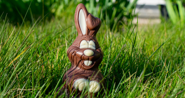 KI generiert: Ein Schokoladenhase sitzt im grünen Gras.