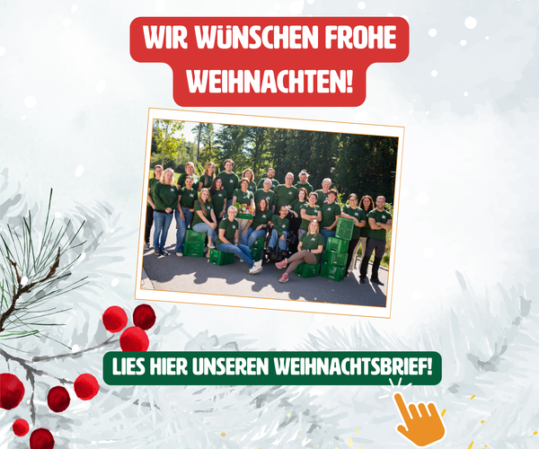 KI generiert: Gruppe posiert fröhlich; Text: "WIR WÜNSCHEN FROHE WEIHNACHTEN!" "LIES HIER UNSEREN WEIHNACHTSBRIEF!"