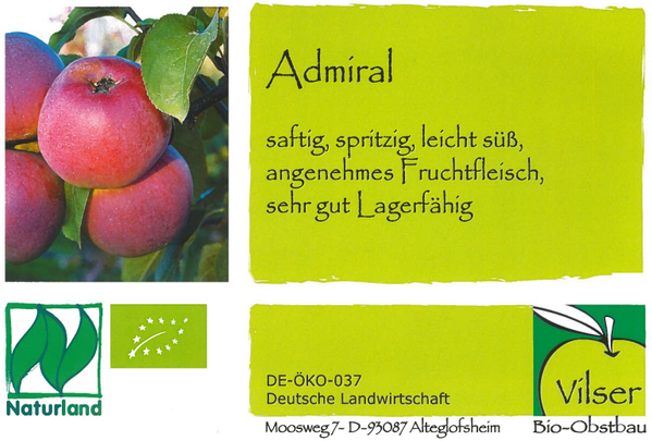 KI generiert: Bild mit roten Äpfeln und Text: "Admiral, saftig, spritzig, leicht süß, angenehmes Fruchtfleisch, sehr gut Lagerfähig."