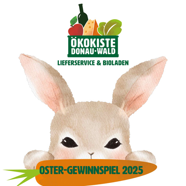 KI generiert: Hase mit Oster-Gewinnspiel-Werbung der Ökokiste Donau-Wald. Text: "OSTER-GEWINNSPIEL 2025".