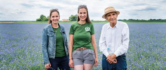 KI generiert: Drei Personen stehen in einem blühenden, violetten Feld, eine trägt einen Strohhut.