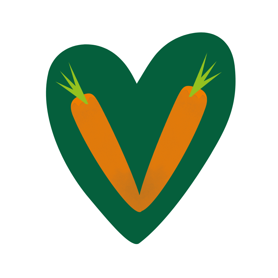 KI generiert: Das Bild zeigt ein grünes Herz, in dessen Innerem zwei Möhren ein V formen. Die Darstellung vermittelt den Eindruck einer Verbindung zwischen Liebe und vegetarischer Ernährung.