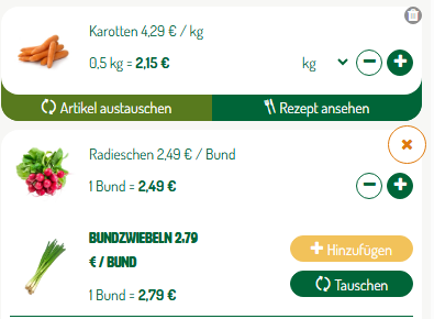 KI generiert: Online-Einkaufsseite für Gemüse: Karotten, Radieschen und Bundzwiebeln mit Preisen und Mengenoptionen.
