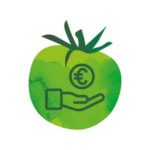 KI generiert: Das Bild zeigt eine grüne Tomate, in die ein Icon einer Hand mit einem Euro-Symbol integriert ist. Es scheint, Themen wie Ökologie und Finanzen zu verbinden.