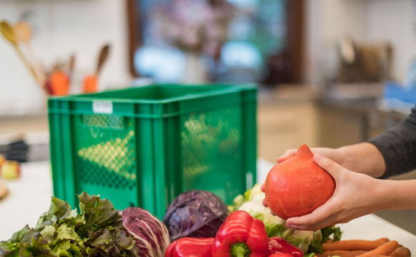 KI generiert: Eine Person hält einen Kürbis in der Hand; frisches Gemüse liegt vor einer grünen Kiste auf dem Tisch.