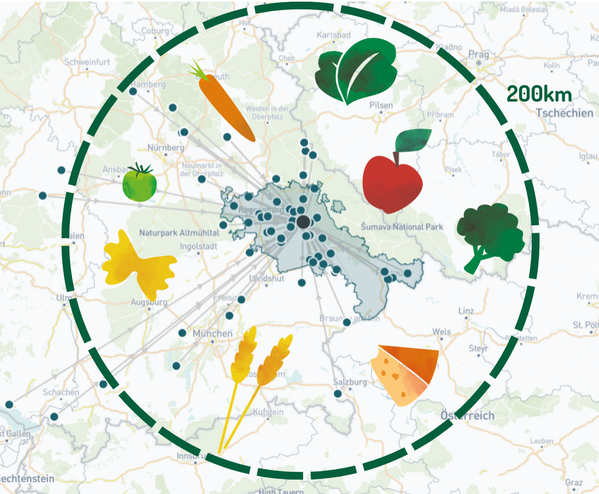 KI-generierte Beschreibung: Karte mit 200km Radius um Tschechien mit Naturparks und Städten.