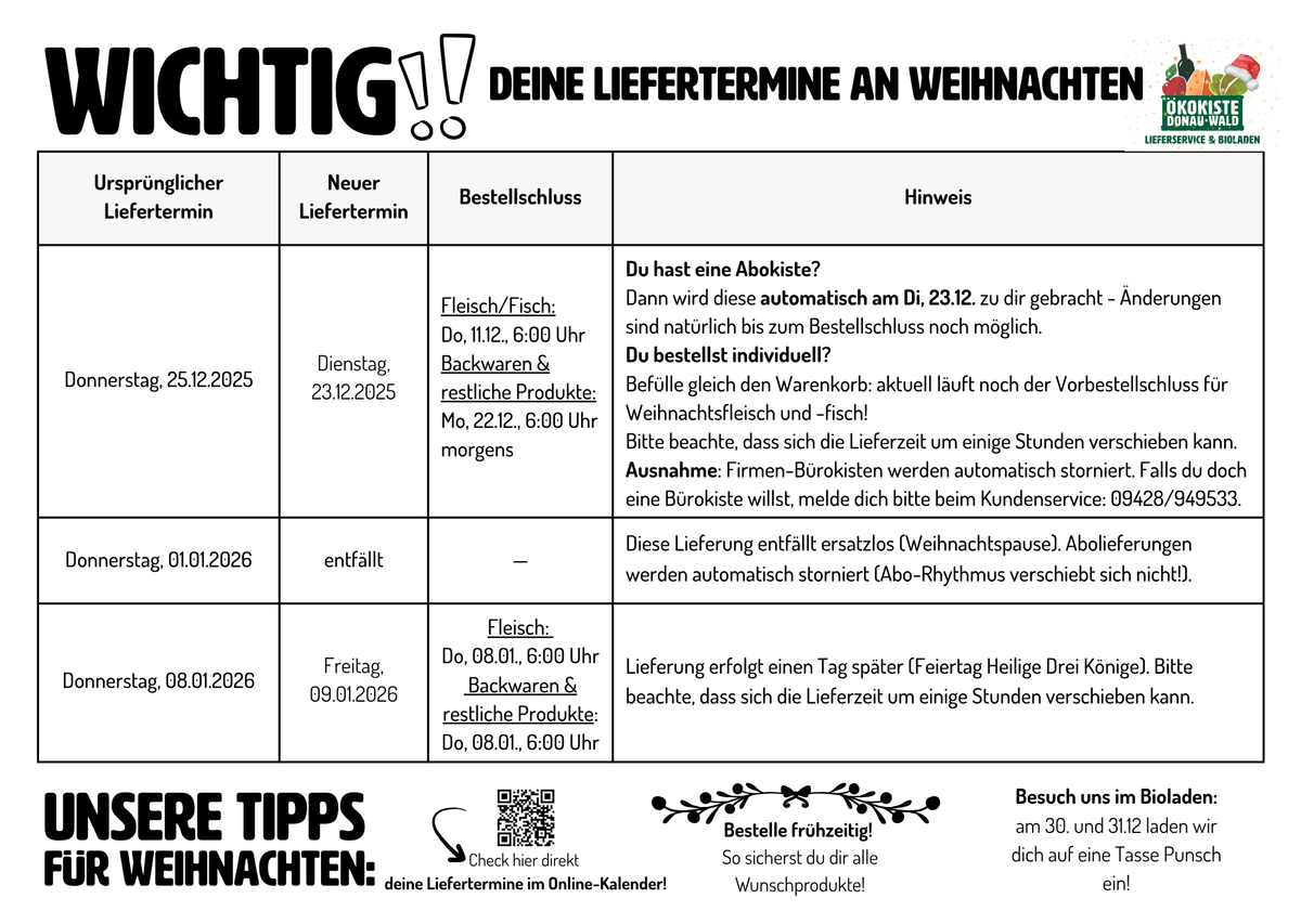 Kiste vom Donnerstag, 25. Dezember wird vorgezogen auf Dienstag, 23.12.Die Lieferung wird auf Dienstag, 23.12. vorgezogen. Bitte beachte, dass sich die Lieferzeit um ein paar Stunden verschieben kann. Die Bestellschlüsse für diese Lieferung lauten:Fleisch/Fisch: Donnerstag, 11.12, 6 Uhr morgensBackwaren und restliche Produkte: Montag, 22.12., 6 Uhr morgens  Kiste vom Donnerstag, 01.01.26 entfälltDiese Lieferung entfällt ersatzlos. Aufgrund der Weihnachtspause des Lieferservices sind zwischen Weihnachten und Neujahr keine Lieferungen möglich, etwaige Abolieferungen werden automatisch storniert. Der Abo-Rhythmus verschiebt sich dadurch nicht automatisch, bitte bei 14tägigen Abokisten und Dauerartikeln beachten. Besuch uns am 30. oder 31.12. doch im Bioladen auf eine gratis Tasse Punsch!  Kiste vom Donnerstag, 08. Januar 2026 wird einen Tag später geliefert.Aufgrund des Feiertags am 06. Januar wird deine Ökokiste am Freitag, 09. Januar geliefert. Dadurch kann sich der Lieferzeitpunkt um ein paar Stunden nach vorne oder hinten verschieben. Die Bestellschlüsse für diese Lieferung lauten:Fleisch: Donnerstag, 08.01., 6 Uhr morgensBackwaren und restliche Produkte: Donnerstag, 08.01., 6 Uhr morgens